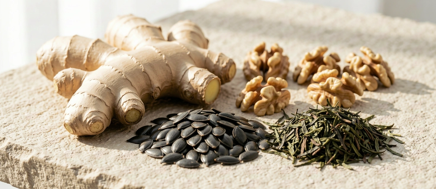 Natural wellness ingredients including ginger and seeds